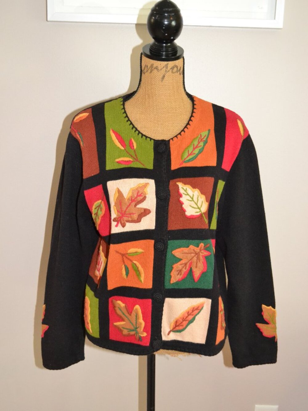 Emma Tricot NY Button up Fall Leaves Embroidered Patchwork Cardigan, sz L